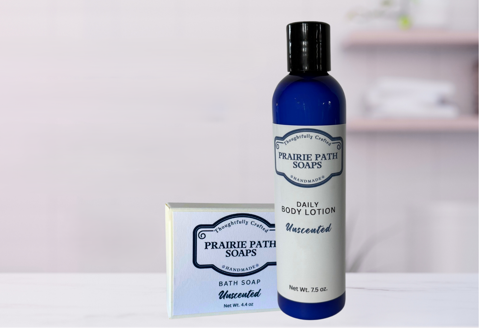 Prairie Path Soaps daily body lotion and bath soap on a light background with promotional text.