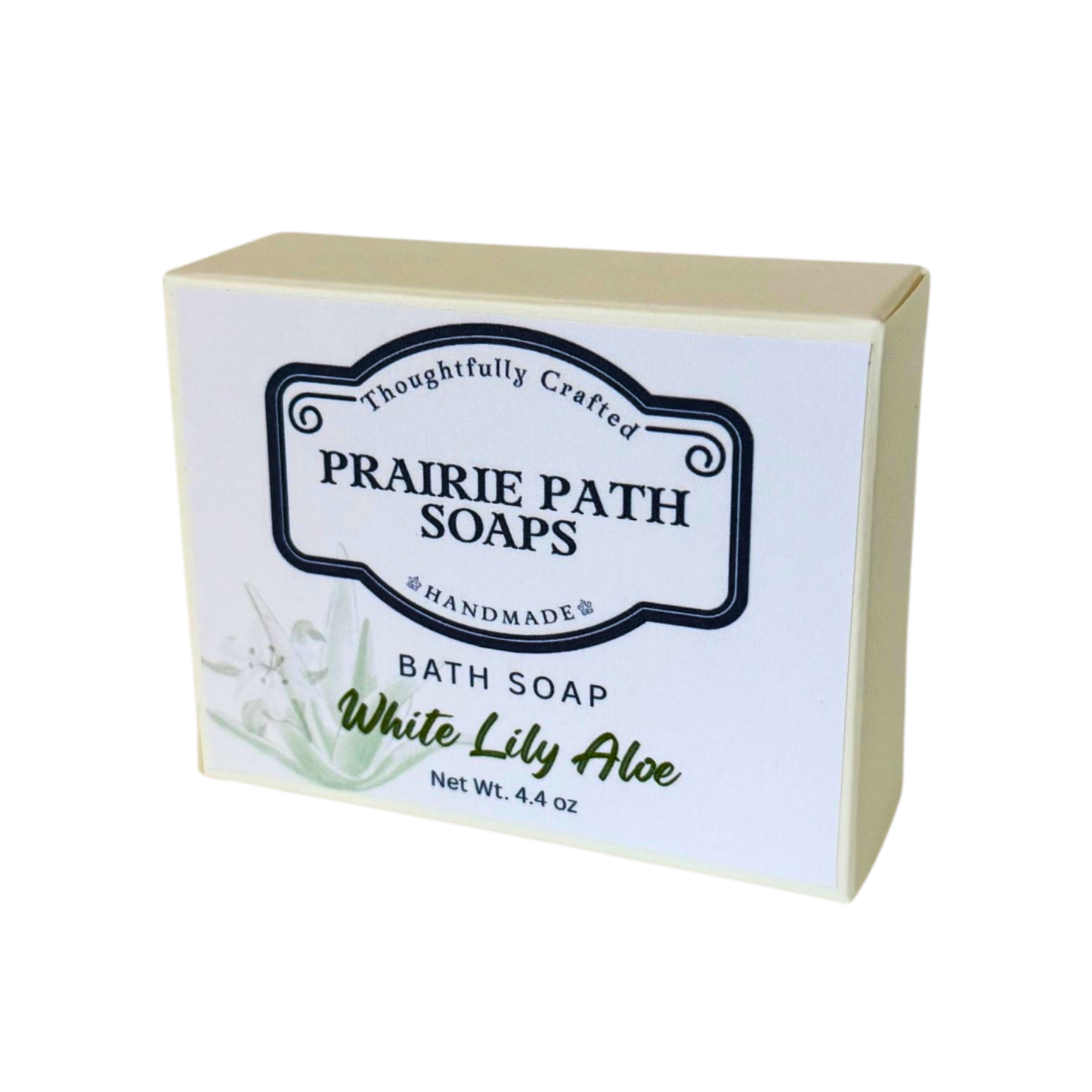 Prairie Path Soaps bath soap packaging with 'White Lily Aloe' on a white background