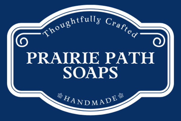 Prairie Path Soaps logo with 'Thoughtfully Crafted' and 'Handmade' text on a blue background