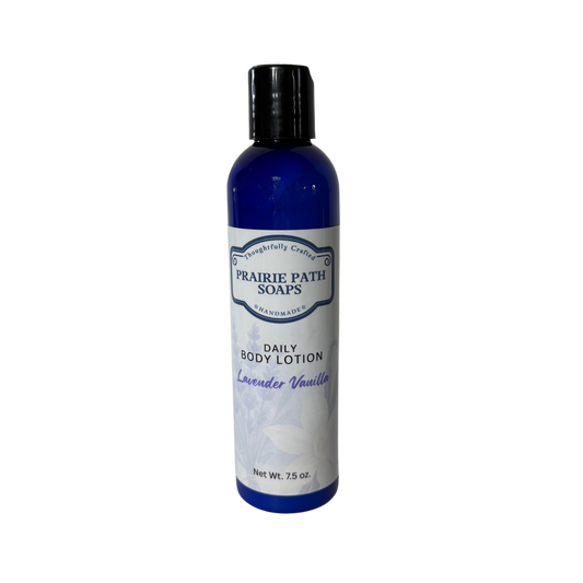 Bottle of Prairie Path Soaps lavender vanilla daily body lotion on a white background