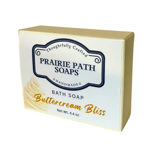 Box of Prairie Path Soaps Buttercream Bliss bath soap on a white background
