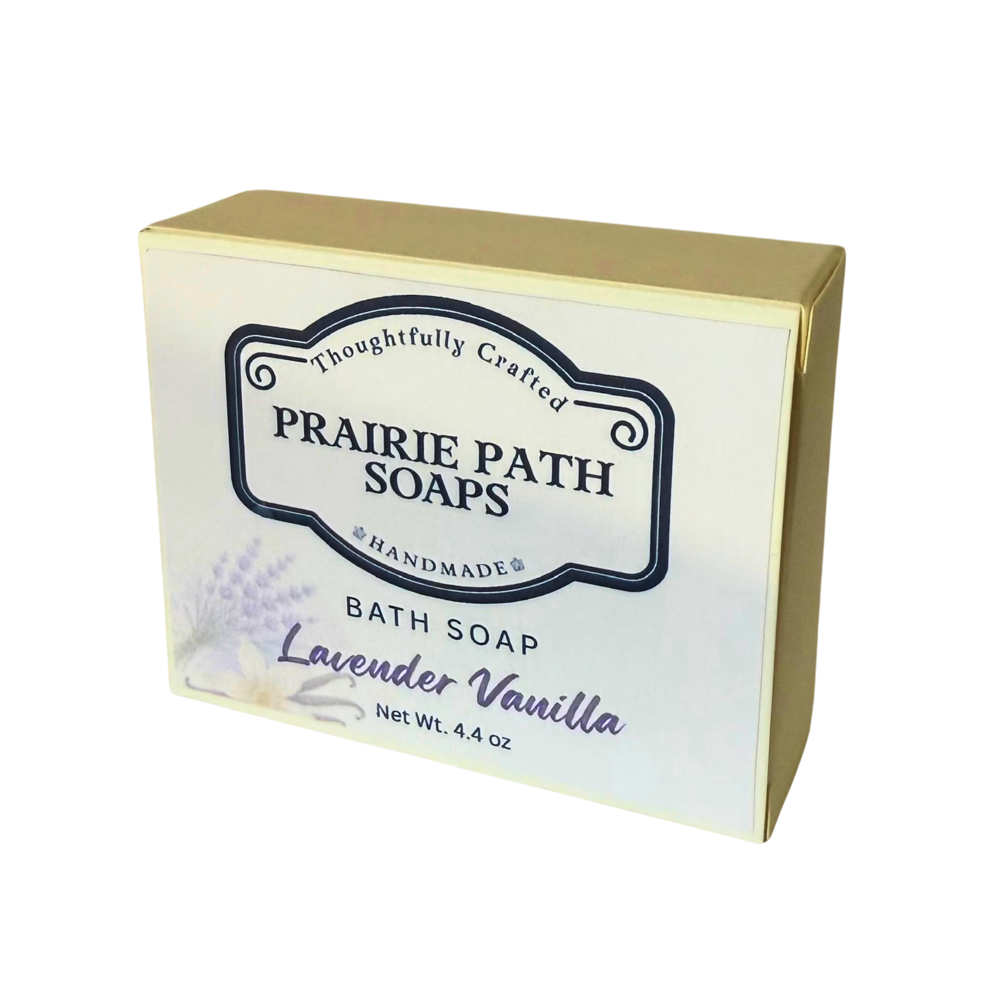Prairie Path Soaps lavender vanilla bath soap packaging on a white background