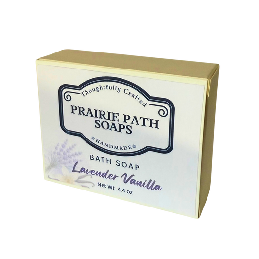 Prairie Path Soaps lavender vanilla bath soap packaging on a white background