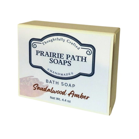 Prairie Path Soaps bath soap packaging with sandalwood amber scent on a white background