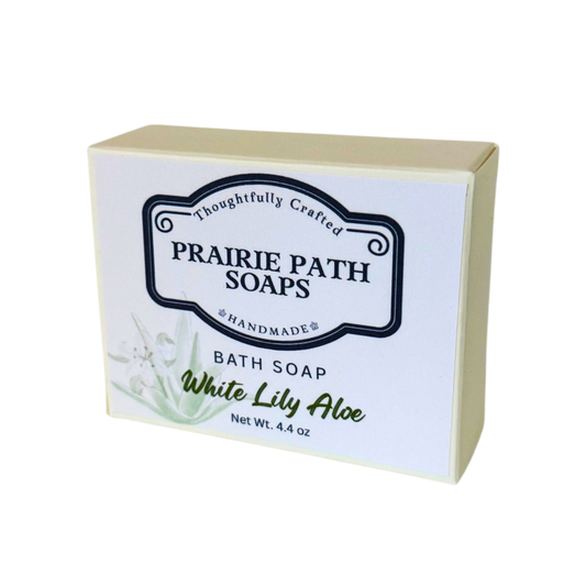 Prairie Path Soaps bath soap packaging with 'White Lily Aloe' on a white background