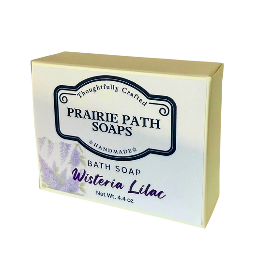 Box of Prairie Path Soaps Wisteria Lilac bath soap on a white background